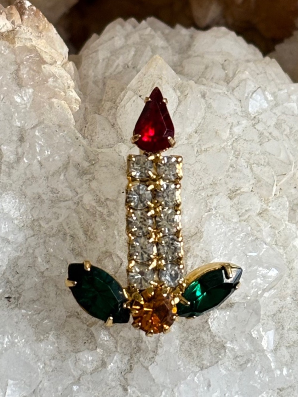 Vintage Retro Rhinestone Christmas Candle Brooch